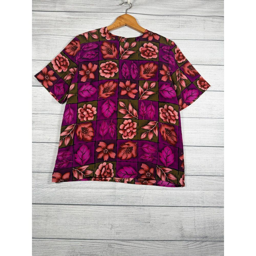 Vintage Kathy Che Women's Large Purple Floral Patchwork Short Sleeve Blouse 4216